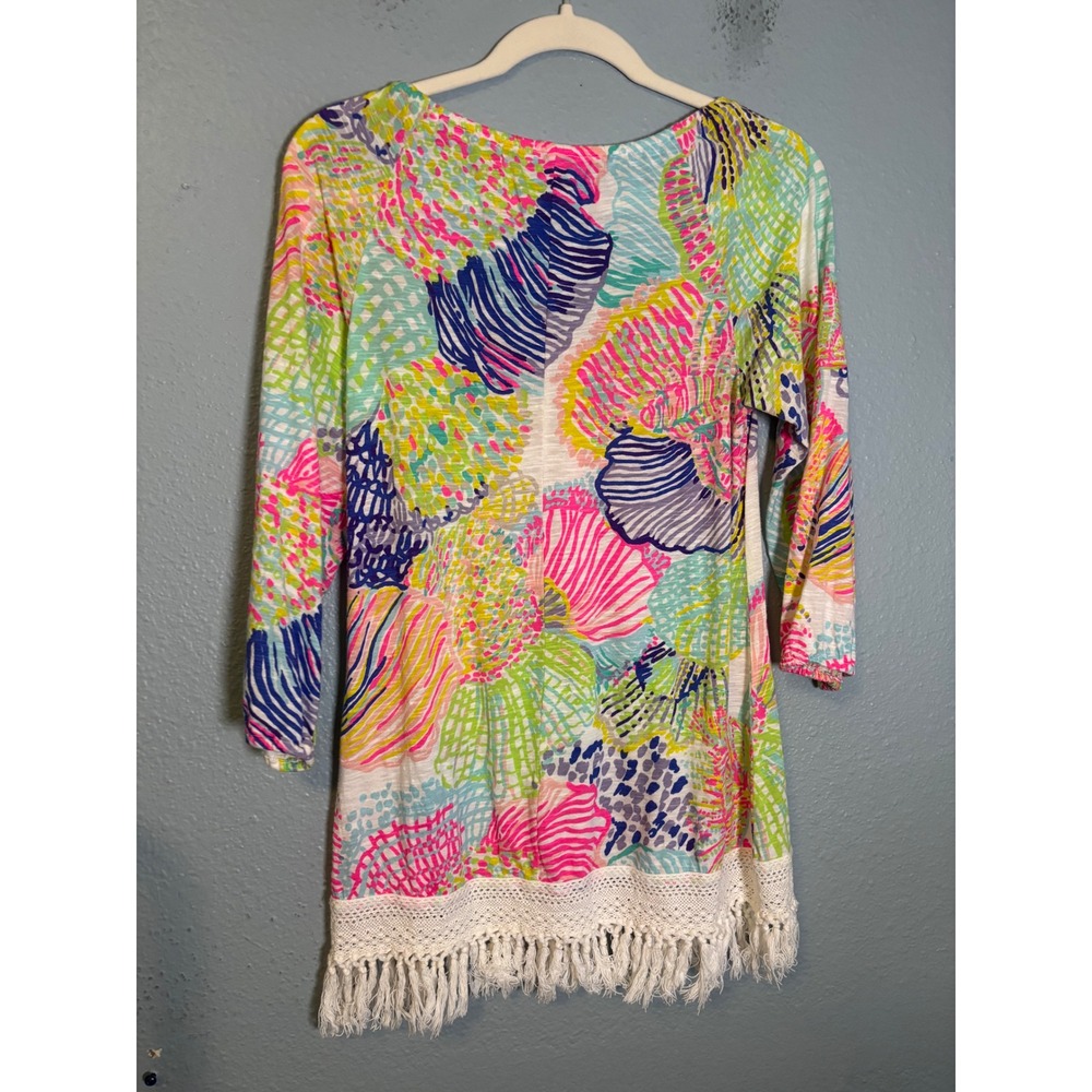 Lilly Pulitzer Alia Storm of the Seas Shell Elastic Scoop Neck Fringed Top Small - Picture 6 of 6